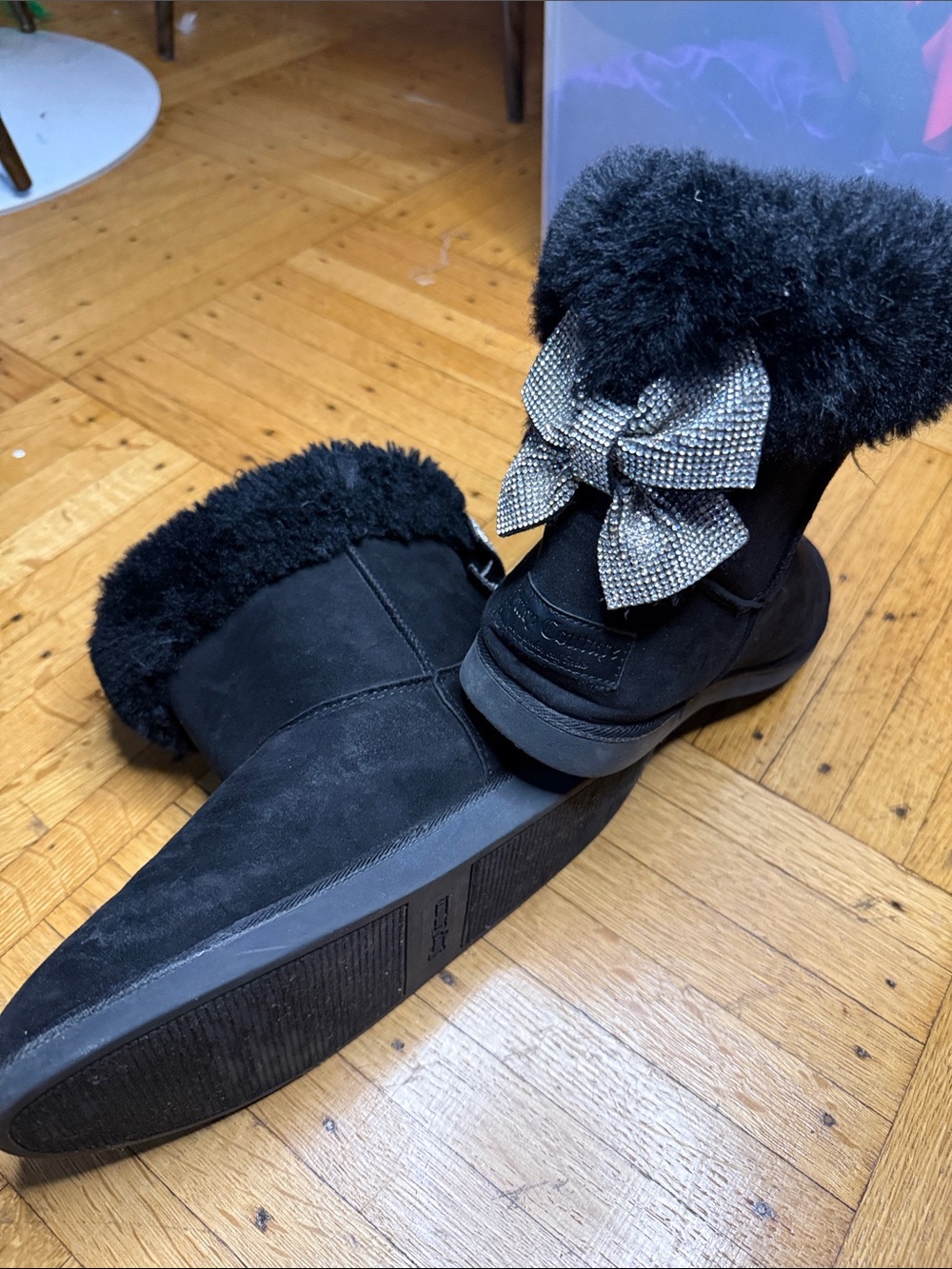 Juicy Couture Black Faux Fur Booties with Crystal Bow Accent